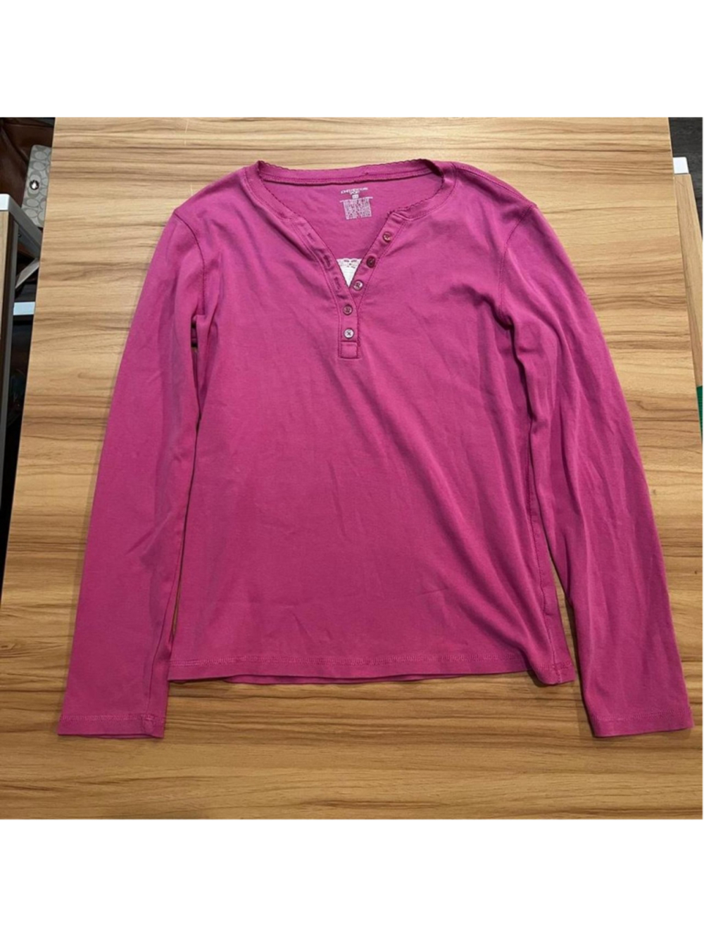 Pink cotton henley with button front and lace detail